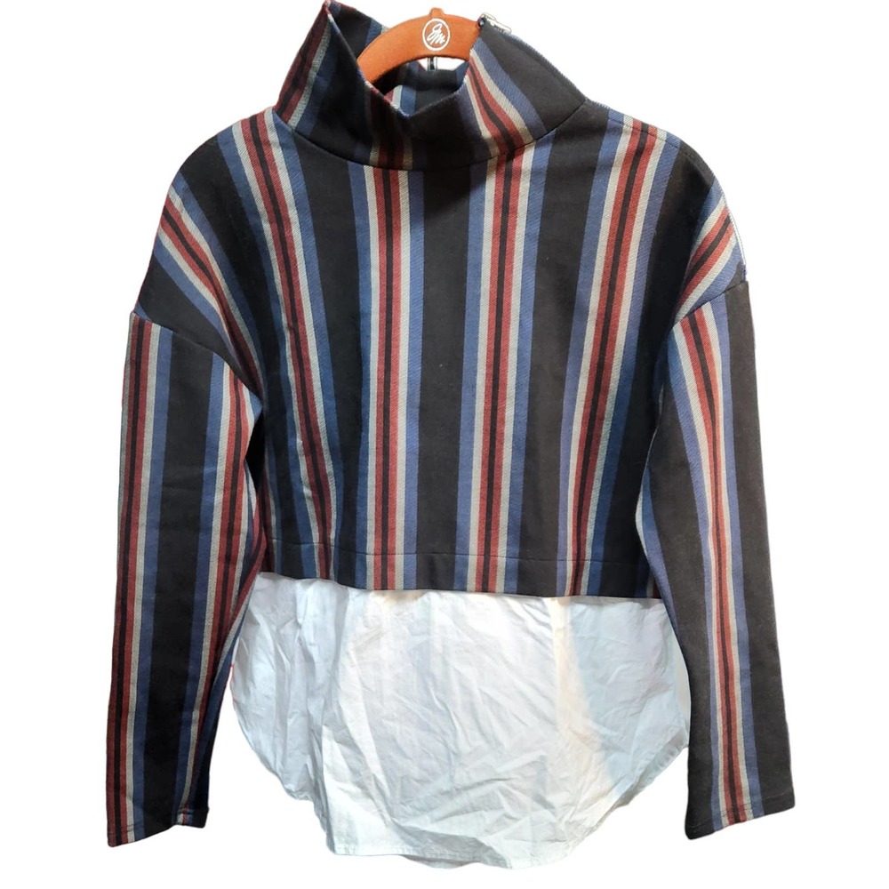 Tweed Striped High Neck White Hem Top Blouse XS